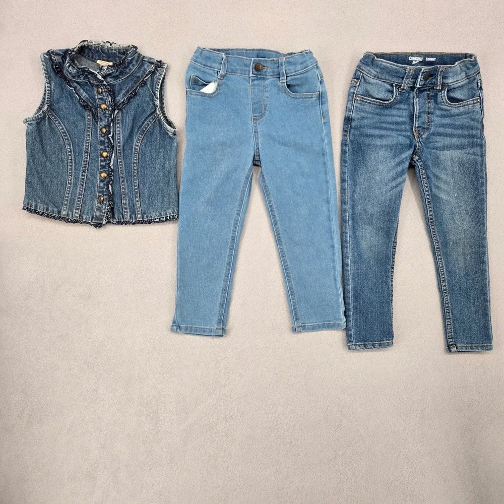 Girls 4t 3pc Denim Lot Faded Glory OshKosh B'gosh Garanimals Vest Jeans Western